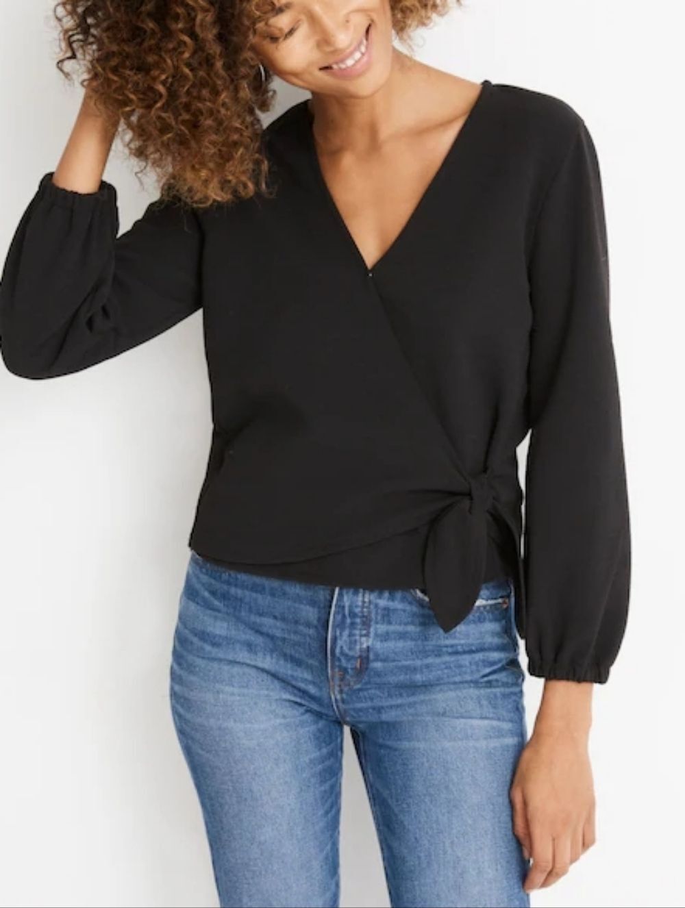Madewell Texture & Thread Crepe Wrap Top Medium Black Side Tie Luxe Minimalist - Picture 2 of 9